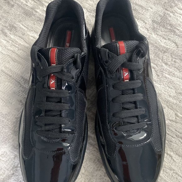 PRADA Mens Americas Cup Black/Mesh Patent Leather Sneakers - Picture 3 of 5
